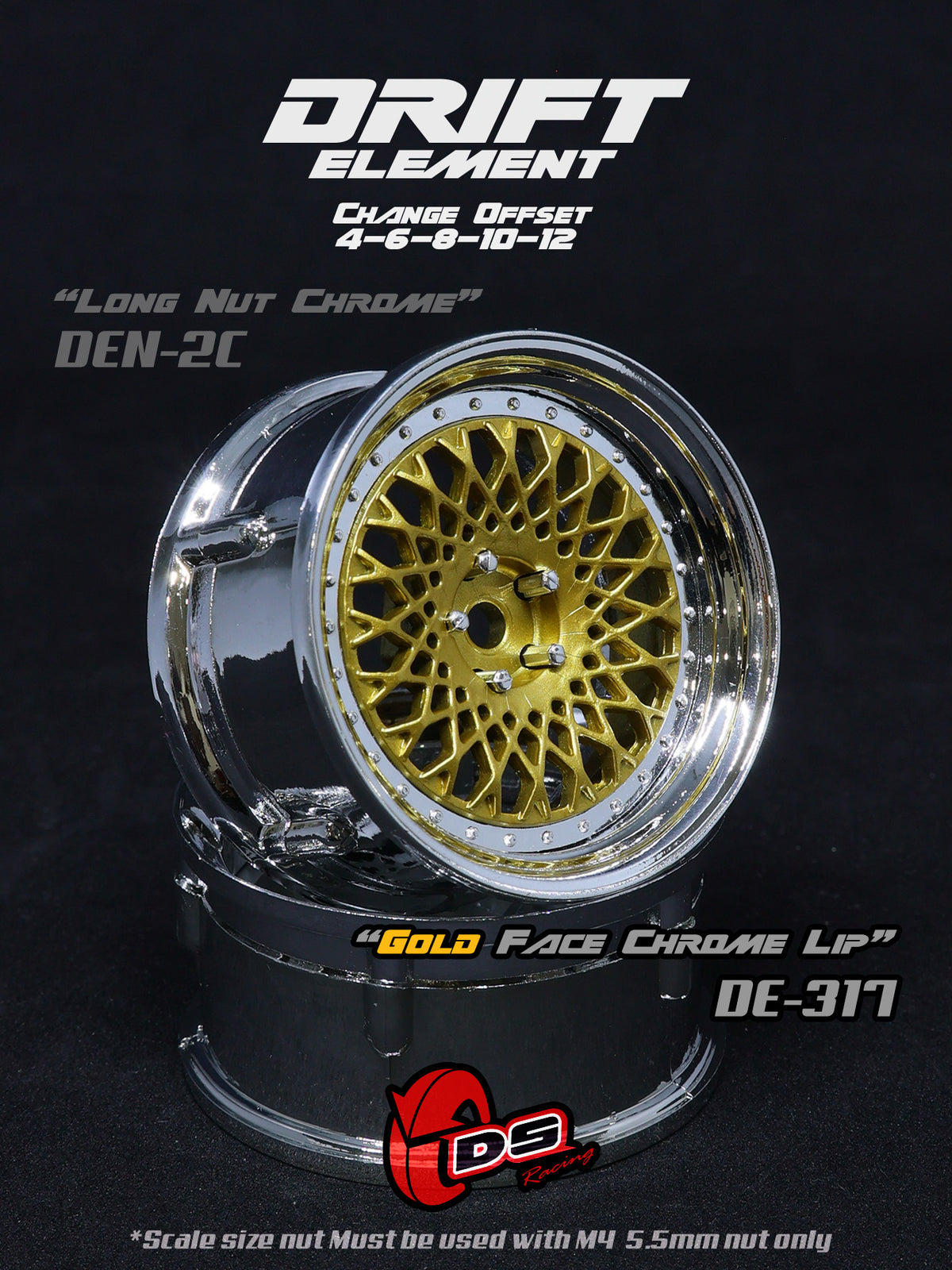 DS Racing – Drift Element Mesh Wheels Selectable Offset – (Gold/Chrome) DE-317