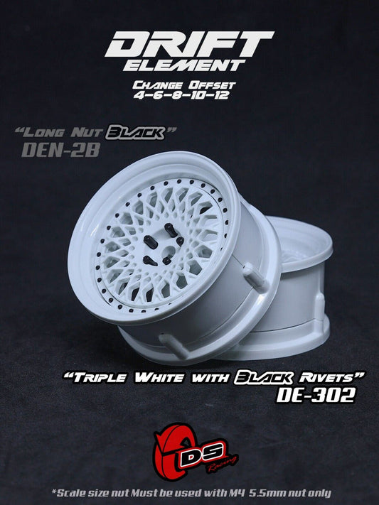 DS Racing Drift Elements Mesh 2pcs, Adjustable Wheel Set (Tri WHITE/BLACK Rivets) - DE-302