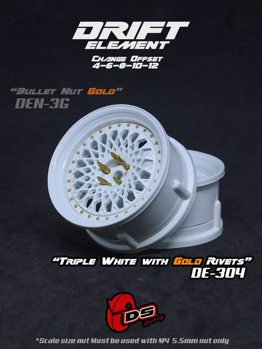 DS Racing Drift Elements Mesh 2pcs, Adjustable Wheel Set (TriWHITE/GOLD Rivets) - DE-304