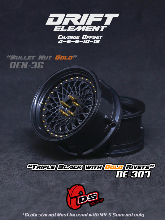 DS Racing Drift Elements Mesh 2pcs, Adjustable Wheel Set (Tri BLACK/GOLD Rivets) - DE-307