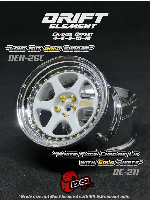 DS Racing Drift Element II 6 Spoke Rim 2 pcs White Face Chrome Lip with Gold Rivets – DE-211