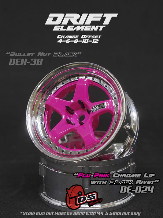 Ds racing drift element wheels 5 spokes (Flu PINK/CHROME Lip/BLACK Rivets) DE-024