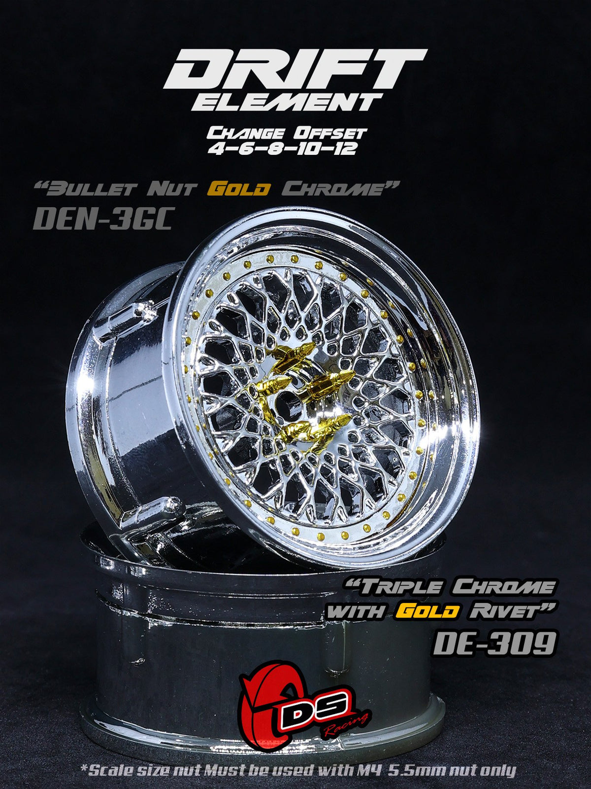 DS Racing / DE-309  Drift Element Mesh Wheel Adj. Offset (TriCHROME/GOLD Rivets) (2pcs)