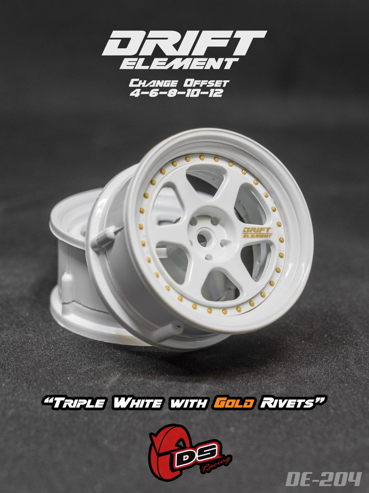 DS Racing – Drift Element II Triple White Rims With Gold Rivets – (White/gold) DE-204