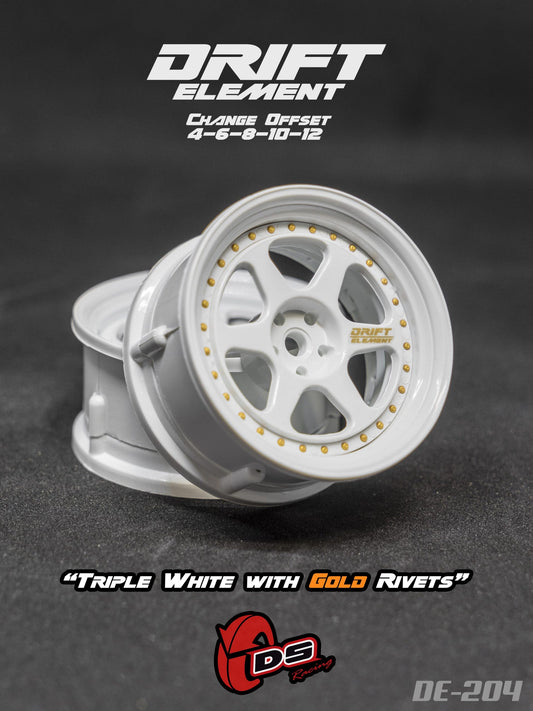 DS Racing – Drift Element II Triple White Rims With Gold Rivets – (White/gold) DE-204