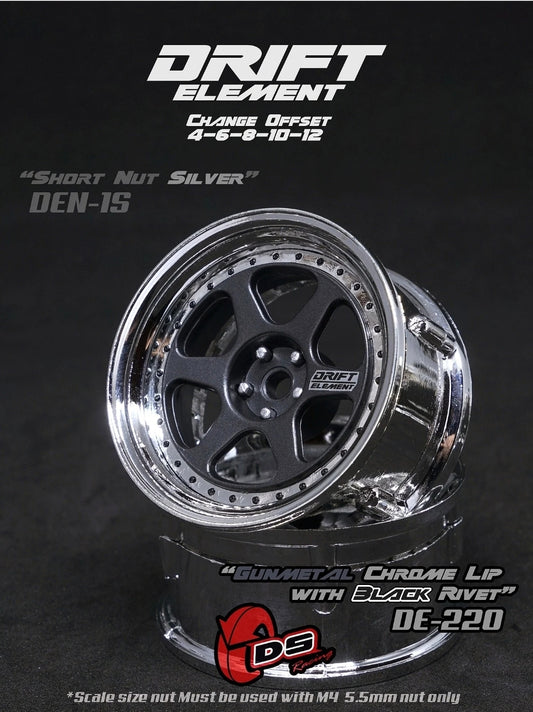 DS Racing / DE-220 / Drift Element 6 Spoke Wheel Adj. Offset (2pcs) / Gunmetal Face / Chrome Lip with Black Rivets