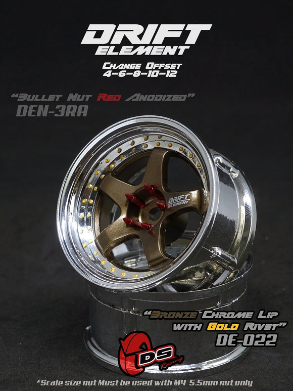 DS Racing / DE-022 / Drift Element 5 Spoke Wheel Adj. Offset (2pcs) / Bronze Face / Chrome Lip with Gold Rivets