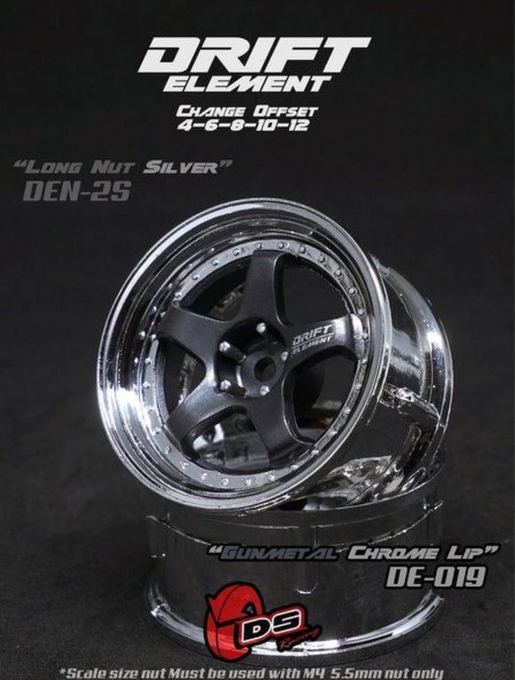 DS Racing / DE-019 / Drift Element 5 Spoke Wheel Adj. Offset (2pcs) / Gunmetal Face / Chrome Lip